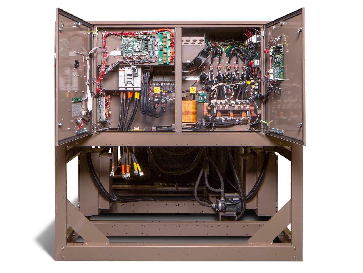 A view inside the doors of a Liquid Cooled YVAA VSD Screw Chiller. 